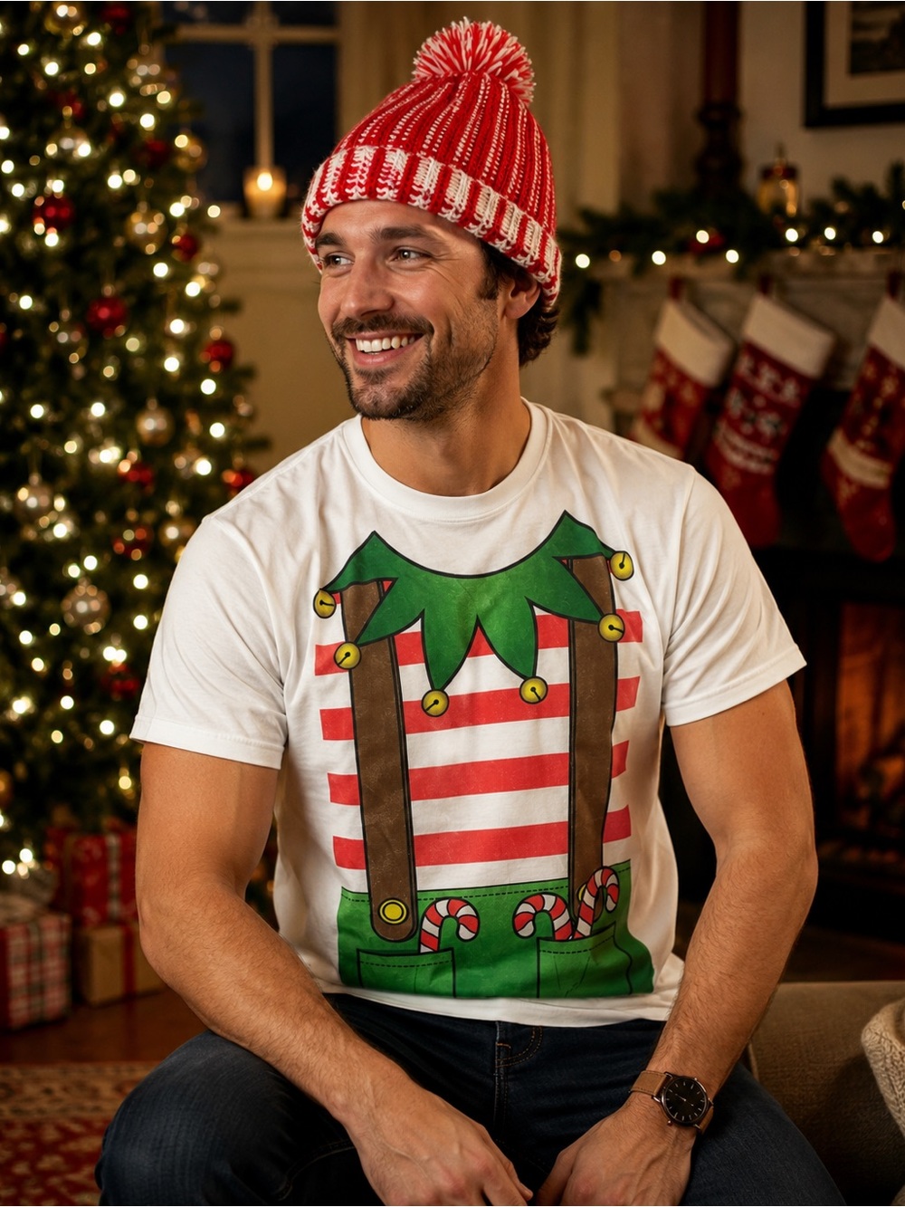 Action Apparel Christmas Elf T Shirt Size L Hand Knit Toque Holiday Set